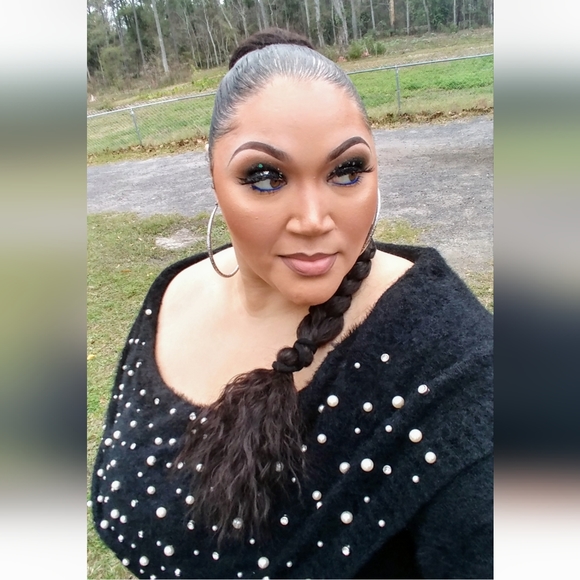 Size 3X F2F Black Off Shoulder Rhinestone and Pearl Black Sweater - Picture 1 of 6